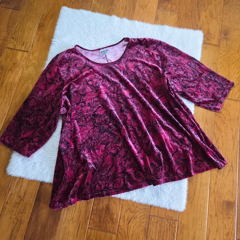 Catherines Velvet Blouse Top Shirt Women's Plus 5X Maroon Paisley Short Sleeve